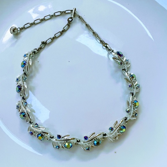 VTG SIGNED CORO BLUE, GREEN AURORA BOREALIS RHINESTONE SILVER CHOKER NECKLACE - Picture 3 of 7